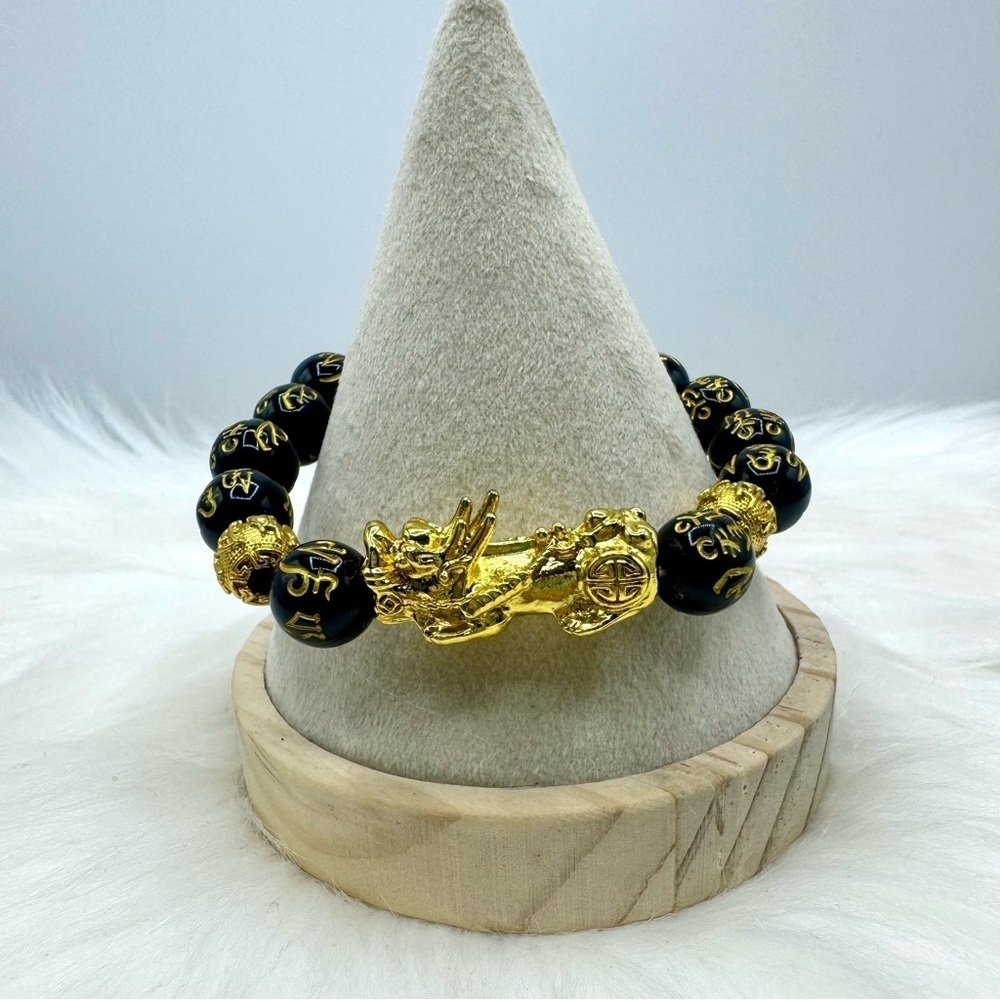 Black and Gold Beaded Bracelet with Dragon Charm